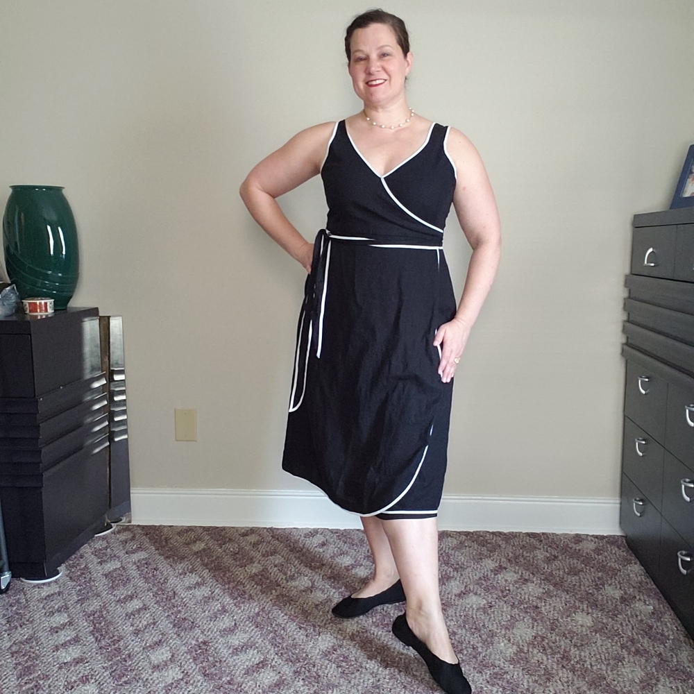 1901 Black Faux Wrap Dress Linen Blend White Tipping Pocketa Size XLP
